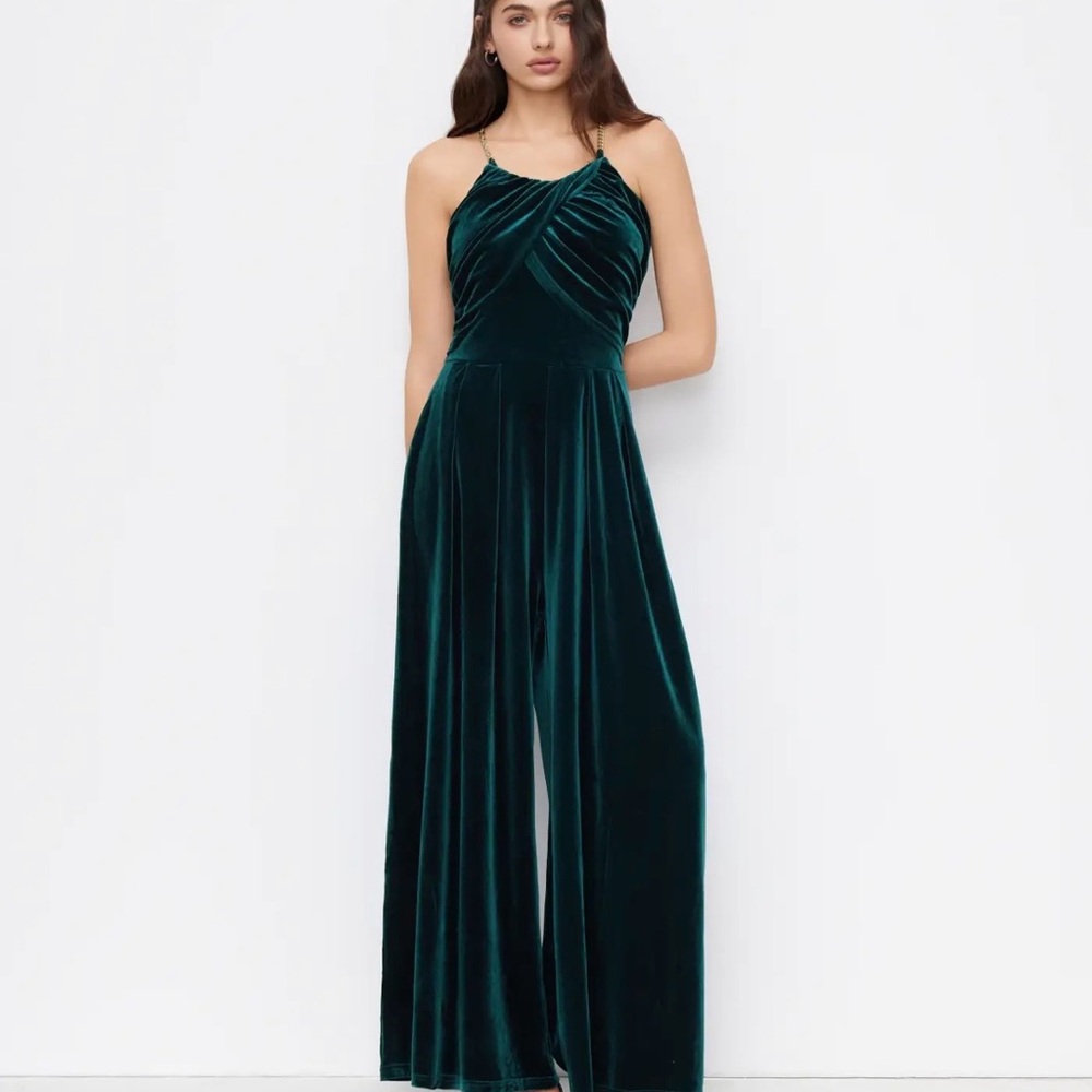 Cider Emerald Green Velvet Jumpsuit with Draped Bust and Chain Straps - Picture 2 of 7